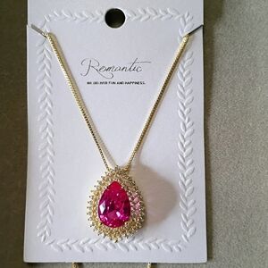 New 18K Gold Plated Necklace with Pink & Clear Gemstone